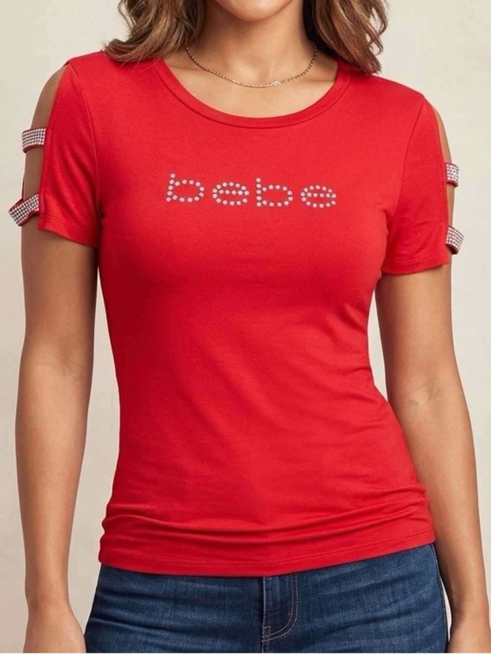 Bebe Red T-shirt Cold Short Sleeve Embellished Large Y2K McBling Streetwear Glam